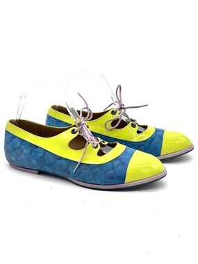 John Fluevog Jacquie Blue Green Lace Up Flats